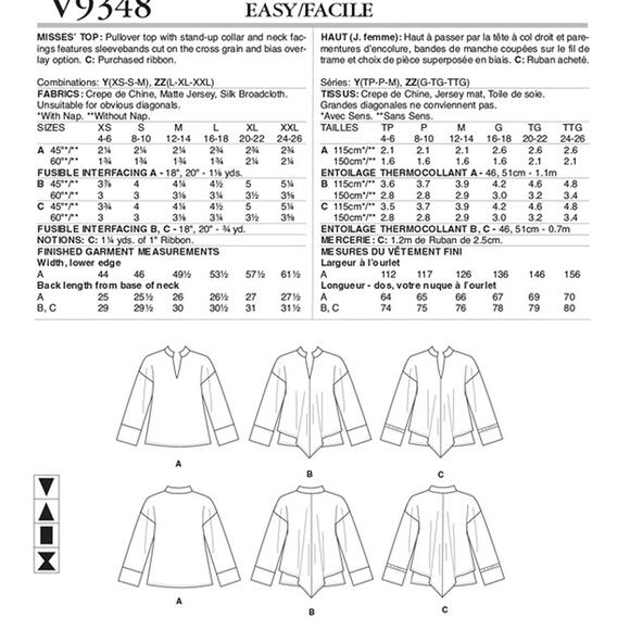 Sewing Pattern Vogue V9348 Pullover Top Standup Collar w/variations  L-XXL - Picture 7 of 8